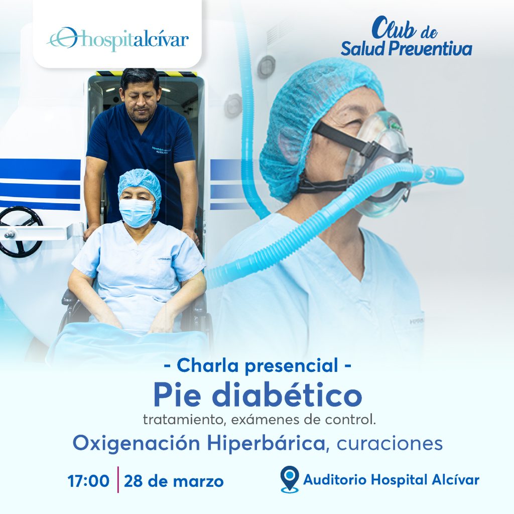 Charla Presencial: «Club de Diabetes. Pie diabético, tratamiento, exámenes de control. Oxigenación Hiperbárica, curaciones.».
⚠️ jueves 28 de marzo a las 17:00 pm, acompañanos a nuestra charla en el Auditorio del Hospital Alcívar, en donde el Doctor estará respondiendo todas sus dudas.
¡Los esperamos!

Puedes seguirnos en nuestras redes:

instagram: @hospitalalcivar
facebook: @hospitalalcivar

📝 Inscribirse sin costo en: https://clubdesaludhospitalalcivar.com
o a nuestro WhatsApp: 0959751113 
Únete a nosotros en nuestro Club, premios y sorteos ¡Te esperamos!